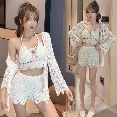 China Breathable Fashion Sexy Swimsuit Set Summer Camisole+High Waist Short Pants+Lace Sun Protection Hollow Out Blouse for sale