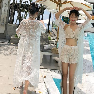 China Breathable Fashion Sexy Swimwear Set Bra Camisole+Short Pants+Lace Sun Protection Hollow Out Blouse Summer for sale