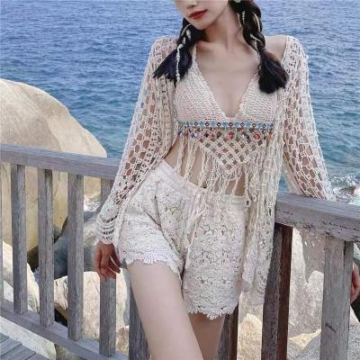 China Breathable Fashion Sexy Bikini Set Summer Swimsuit Bra Camisole Tassel+Beach Shorts Pants+Sun Pad Lace Blouse for sale