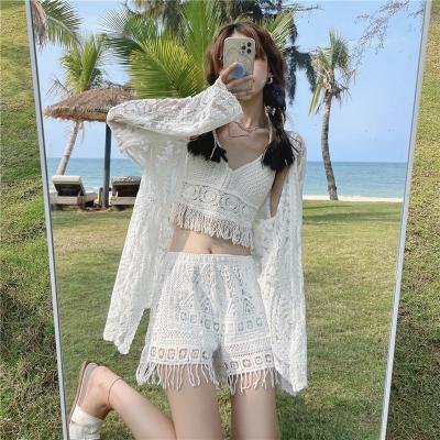 China Fashion Women Bikini Set Summer Swimsuit Camisole Bra +Beach Shorts Pants+Sun Protection Hollow Out Blouse Breathable Sexy for sale