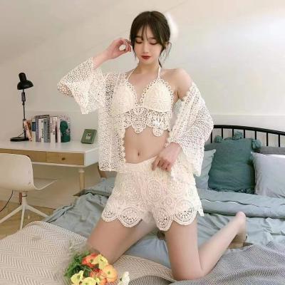 China Breathable Fashion Sexy Bikini Swimwear Set Summer Bra+Beach Camisole Shorts Pants+Sun Protection Hollow Out Blouse for sale