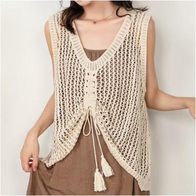 China Women's Breathable Summer Fashion Casual Knitted Hollow Out Sleeveless Lady Cute Drawstring Vest Tank Top Vest Tops Shirt for sale