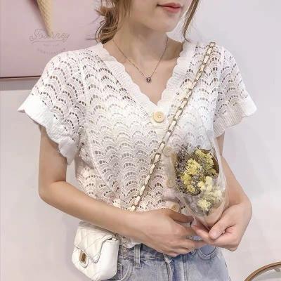 China Women's Summer Breathable Knitted Short Lady Blouse Shirt Sleeve Tops Fashion Girl Lace Sweater for sale