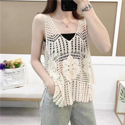 China Women Summer Lace Vest Lady Sleeveless Breathable Cavity Knitted Camisole Girl Embroidery Floral Crop Tops Casual Camisole for sale