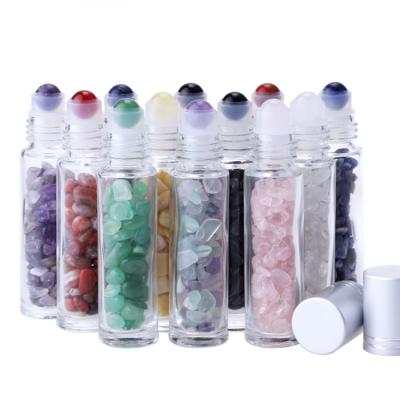 China 10ml Personal Care Personal Care Stones Essential Oil Natural Semi Precious Gemstone Rollball Bottles Clear Glass Bottle Healing Crystal Chips Inside for sale