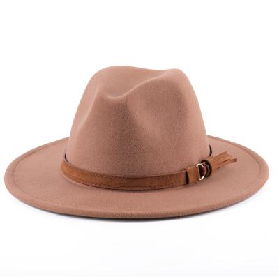 China Classic Wide Brim Women Wool Fedora Hat Men With Belt Buckle Felt Panama Hat for sale