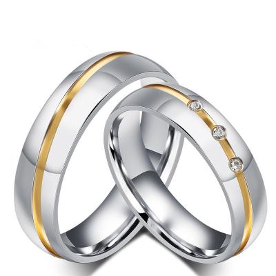 China Nickel Free Lead Free Valentine's Day Gift Smooth Shiny Stainless Steel Band Ring Cubic Zircon Wedding Lover Couple Rings for sale