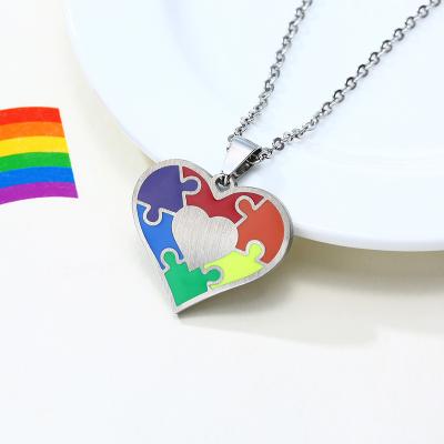 China Nickel Plated Pride Heart Shape Pendant LGBT Rainbow Hot Enamel Necklace Jigsaw Free Lead Free Hot Enamel Amazon Pendant Necklace For Lesbian for sale