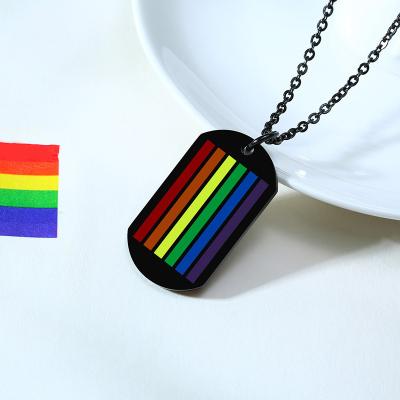 China Nickel Stripe Lead Free European Men's Gay Pride LGBT Stainless Steel Tags Necklace Rainbow Enamel Tag Pendant Necklace for sale