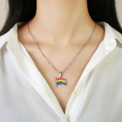 China Nickel Free Lead Free Colorful Rainbow LGBT Pride Flag Pendant Necklace Fashion Stainless Steel Enamel Flag Banner Necklace Gift for sale