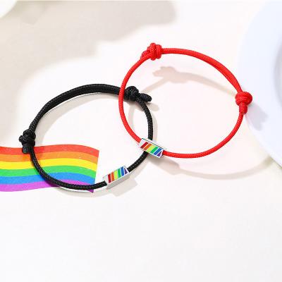 China Square Eco Friendly Adjustable Red Black Knotted ID Plate Flat LGBT Pride Gay Flag Wristband Woven Rope Chain Rainbow ID Bracelet for sale