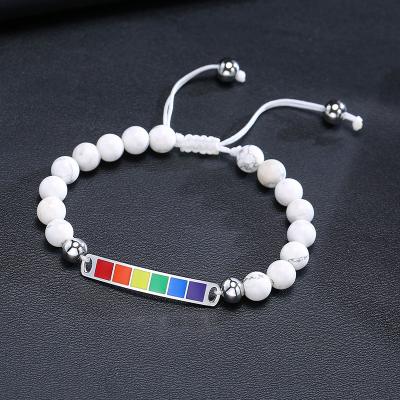 China Environmentally Friendly Agate Stone Beaded Pride Bracelet White Turquoise Stone Gay Rainbow LGBT ID Plate Bracelet Enamel Flag Beaded Plate ID for sale