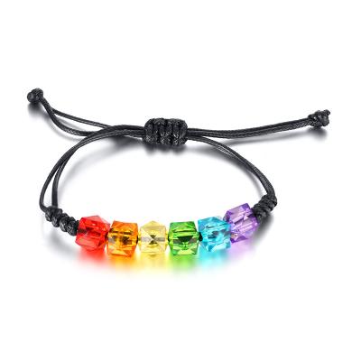 China Environmental Friendly Adjustable Colored Glass Beaded Gay Lesbian Friendship Bracelets Rainbow Macrame Bead LGBT Pride Bracelet for sale