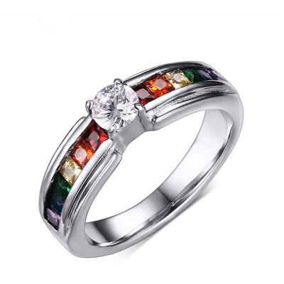 China Nickel Free Lead Free Center Crystal Rhinestone Wedding Band Ring Fashion Jewelry Rainbow Crystal Band Rings Stainless Steel For Women Men for sale