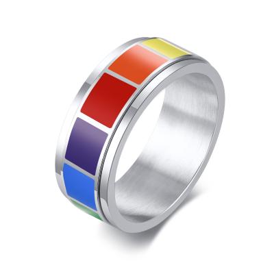 China Nickel Free Lead Free Stainless Steel Color Rainbow Spinner LGBT Rings Block Gay Pride Geometric Enamel Spinning Rings for sale