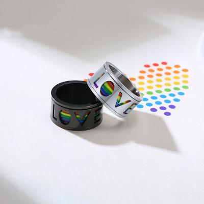 China Nickel Free Lead Free Stainless Steel Rainbow Love Letter Spinner Love Engagement Ring LGBT Pride Flag Band Ring Enamel For Gay Lesbians for sale