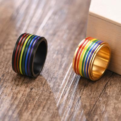 China Nickel Free Lead Free 12mm Stainless Steel Enamel Wide Spinning LGBT Pride Rings Rainbow Enamel Spinner Ring For Gay Lesbian for sale