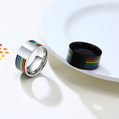 China Nickel Free Lead Free High Polished Stainless Steel Black IP Silver Plated Lines Gay Lesbian LGBT Pride Band Rings Rainbow Enamel Color for sale