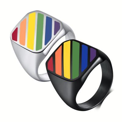 China Nickel Free Lead Free Amazon Best Selling Enamel Pride Band Rings Black Rainbow Gay LGBT Pride Signet Ring Stainless Steel Rainbow for sale