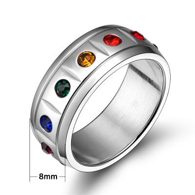 China Nickel Free Lead Free Mens Womens Multi Color Rhinestone Spinner Ring Anti Fidget Rainbow Spinning Rings for sale