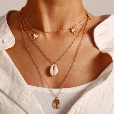 China Nickel Free Lead Free Shell Pendant Necklace Bohemian Style Triple Layered Layered Multi Shell Pendant Necklace For Women Lady for sale