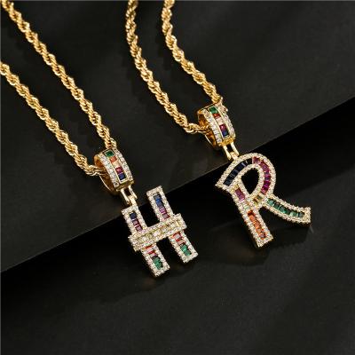 China Nickel Free Lead Free Hip Hop Iced Out Zircon Initial Letter Necklaces Colorful CZ Rainbow Wand Name Letters Pendant Necklace for sale