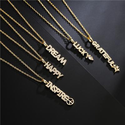 China Nickel Free Lead Free Fashion Gold Plated Cubic Zircon Lucky Letter Pendant Necklace Vertical Crystal English Words Dream Pendant Necklace for sale