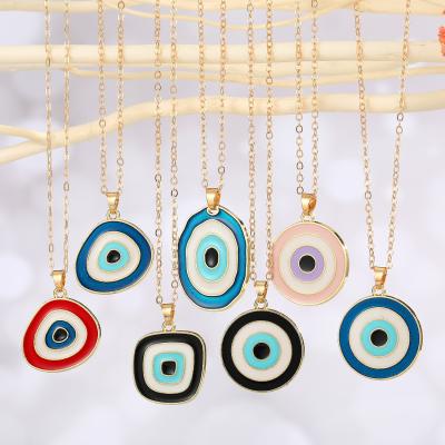 China Nickel Free European Hot Selling Enamel Geometric Evil Eyes Round Pendant Necklace Enamel Turkish Evil Eyes Necklace for sale