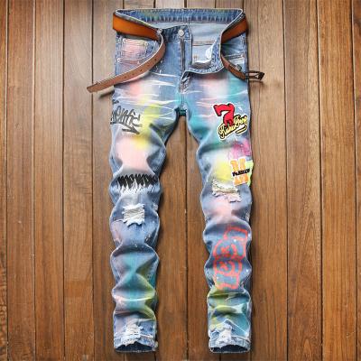 China 2021 autumn and winter breathable models European and American paint ripped multi-color men's correction stretch straight jeans small for sale