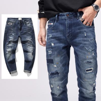 China Durable Lattice Distressed Pants Men's Pantalones High Waist Jeans Men Casual Plus Size Long Pants Elastic Straight Waist Hole And Patch Jeans for sale