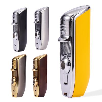 China Multifunction Straight Flush Metal Cigar Lighter Blue Flame Lighter Three Creative Minimalist Inflatable Cigar Lighter Windproof for sale