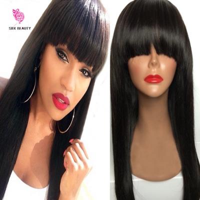 China Hot Selling Glueless Hair Silky Straight Wave Full Bangs Peruvian Human Hair Full Lace Wig With Bangs Bleached Knots Wig For Black Women for sale