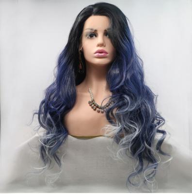 China Black Root Ombre Black Root Super Blue Long White Synthetic Body Wave Lace Front Wig Resistant Fiber Hair Soft Lace Wigs For Women Heat for sale