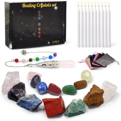 China China 7 Chakra Raw Stones 7 Tumbled Stones 10 Selenite Pendent Crystals Candles and Healing Stones Kit for Yoga Meditation for sale