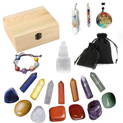 China Europe 19 PCS Natural Necklace Meditation Crystal Starter Kit Chakra Bracelet Sets Healing High Quality Crystal Stones Boxes Set for sale