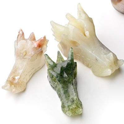 China Europe Unique Hand Carved Semi-precious Agate Dragon Head Folk Crafts Stone Prehnite Moss Agate Dragon Skulls for sale