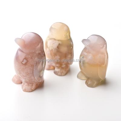 China Europe 4~6 inch Natural Sakura Flower Agate Animal Carving Crystal Gemstone Agate Carved Penguins Natural for sale