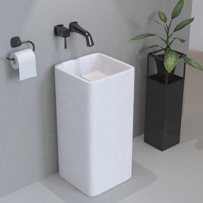 China Modern Square Shape Floor Standing Basin Bathroom Pedestal Free Standing Sink One Piece Wash Basin for sale