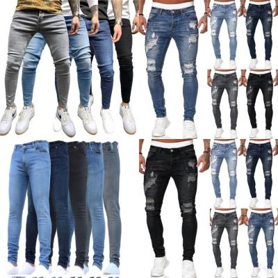 China 2023 New European and American men's blue hole border black slim men's jeans breathable high waist wholes for sale