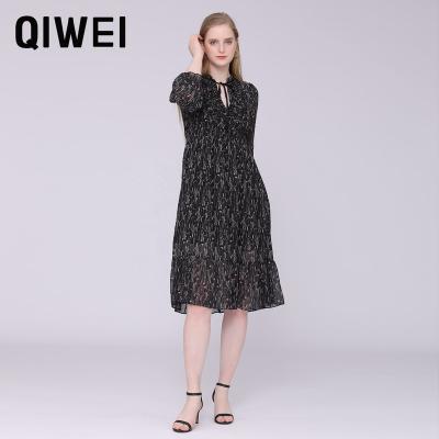 China Anti-wrinkle black crew neck bodycon dress for women floral chiffon basic dress Midi dress for sale