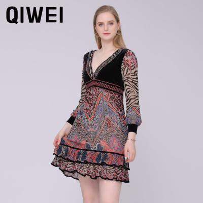 China Anti-Wrinkle Printed Wild Slim Long Sleeve Dress Custom Style Clothing Casual Chiffon Women Dress for sale