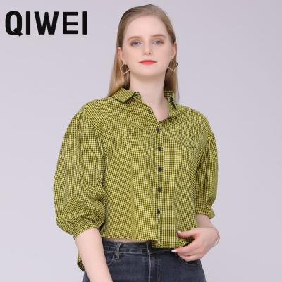 China Yellow Plaid Anti-pilling Shirt Tops And Black Blouses Womens Clothing Summer Ladies Button Up Shirt for sale