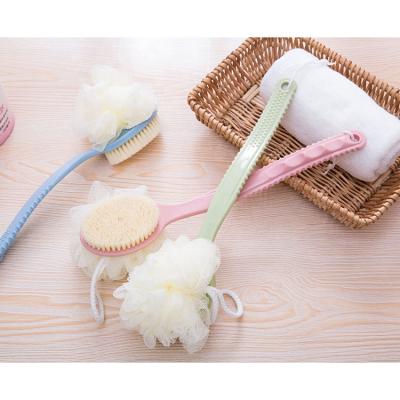 China Colorful Plastic Long Handle Double Side Loofah Sponge 2 In 1 Bath Ball Body Bath Brush for sale