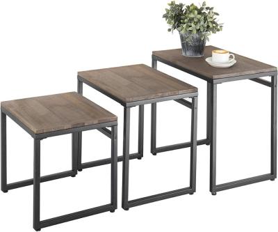 China Solid Wood Set Of 3 Brown Wood Interlocking End Tables With Black Metal Frame for sale