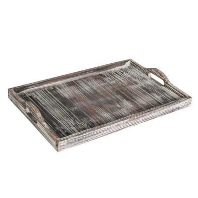 China Rustic Burnt Wood Serving Storage Breakfast Serving Tray Wood Tray and Coffee Table with Cutout Handles for sale