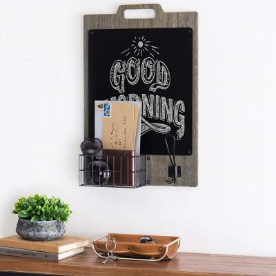 China NATIONAL Rustic Wood Wall Mounted Head Rack with Chalkboard Metal Wire Mail Basket for sale