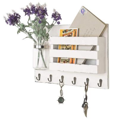 China White Wooden Vintage Wall Mounted Living Room Mail Rack Organizer With 6 Key Hooks for sale