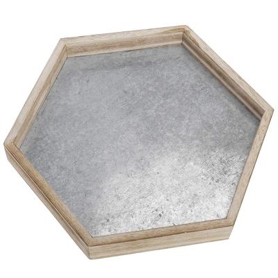 China Decoration 15-Inch Hexagonal Galvanized Metal Vintage Wooden Serving Tray With Handles for sale