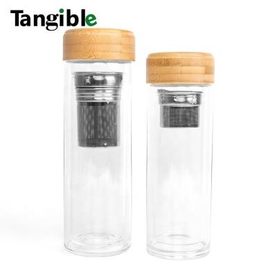 China 550ml Travel PORTABLE Bamboo Transparent Durable Borosilicate Double Layer Lid Sports Cup Drinking Glass Water Bottle for sale