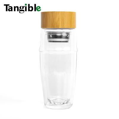 China WITH LID 400ml 500ml Clear Glass Bamboo Lid Wall Borosilicate Tea Infuser Double Tumbler Mug With Strainer for sale